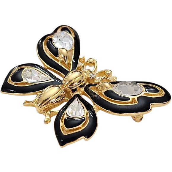 Trifari TM Butterfly Brooch Vintage Clear Crystal Rhinestone Black Enamel Pin - Picture 3 of 9